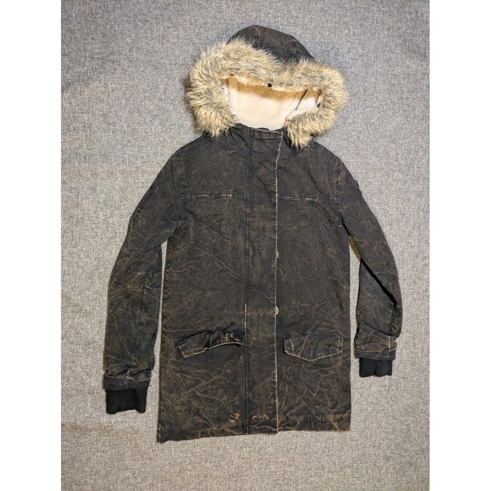 DROP DEAD Limited Fur Hood Jacket Abstract Heart Skull Logo Button Up Coat XS